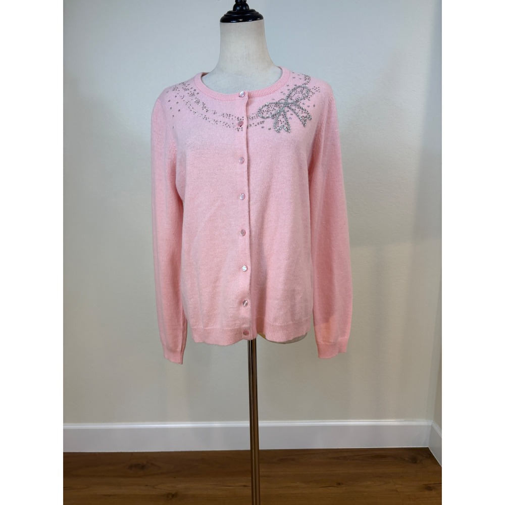 Vtg Karen Scott Cardigan Sweater M Pink Beaded Bow Coquette Soft Girl Balletcore